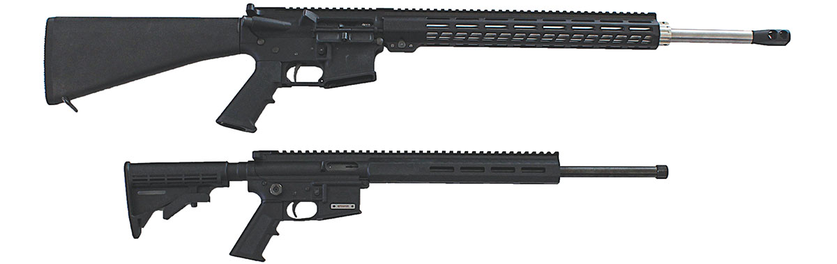 The GOAT-15 (bottom) is a scaled-down AR-15 (top) eminently suitable for training youth despite its official “survival rifle” role.